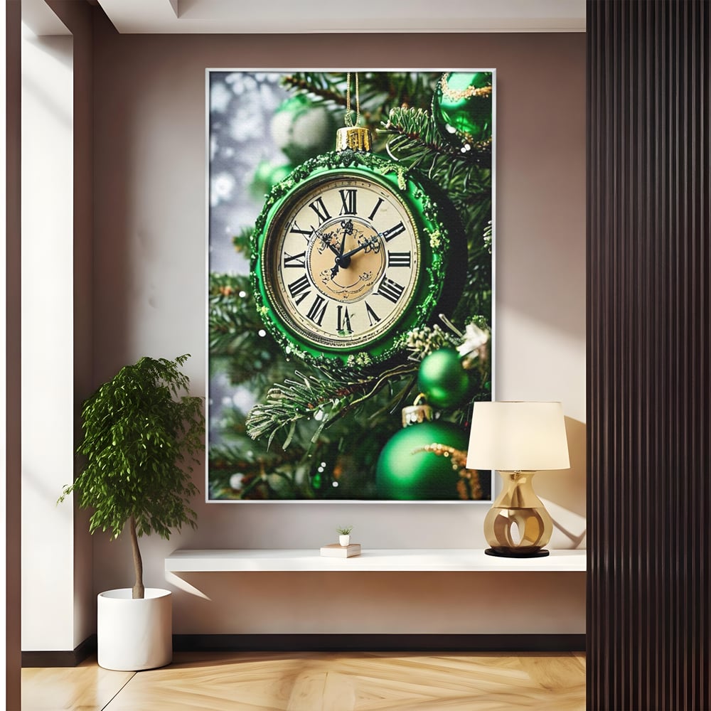 Tablou canvas cu tablou canvas cu ceasornic verde smarald, in rama de aluminiu argintiu